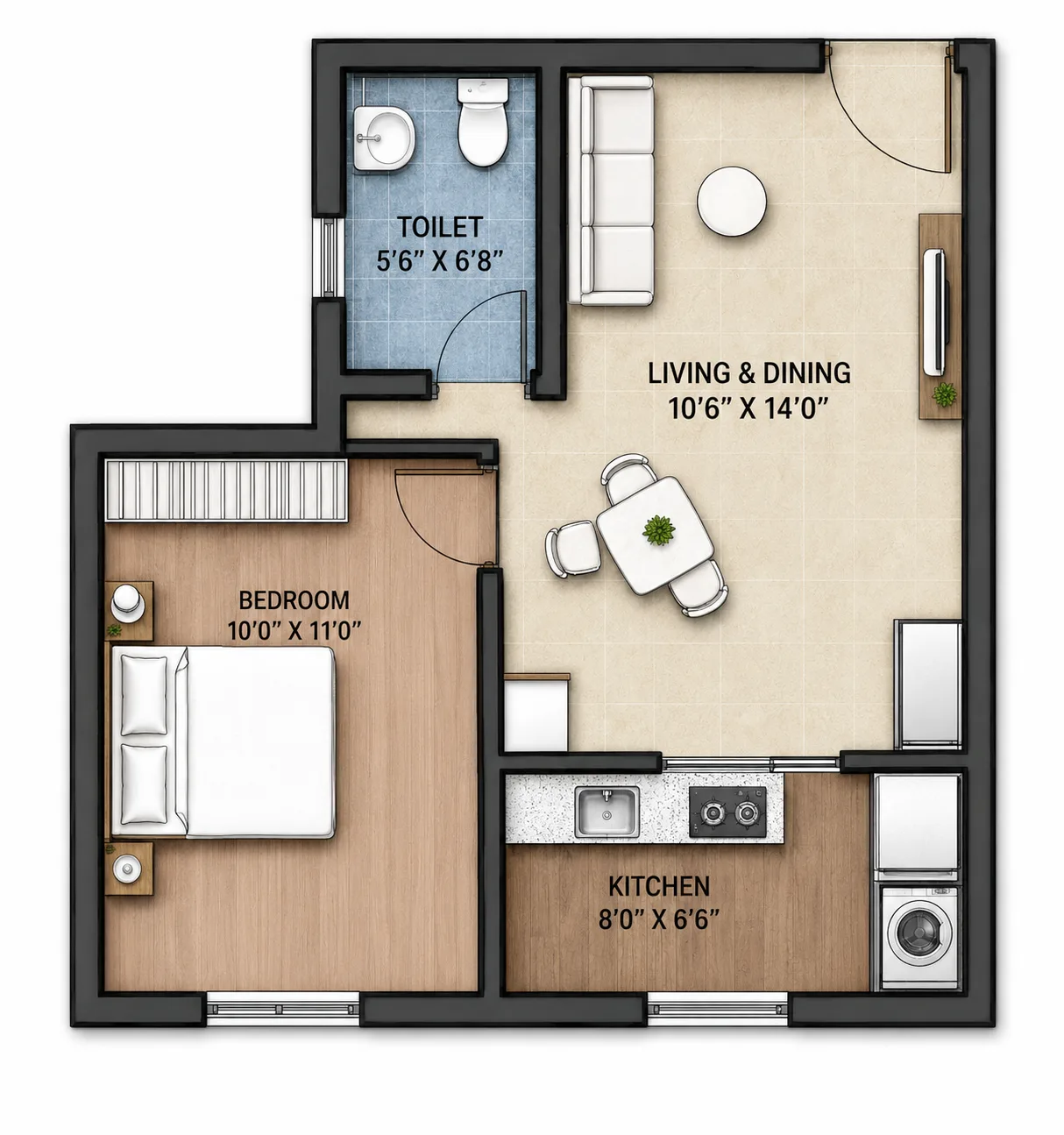 1 BHK+1T unit floor plan