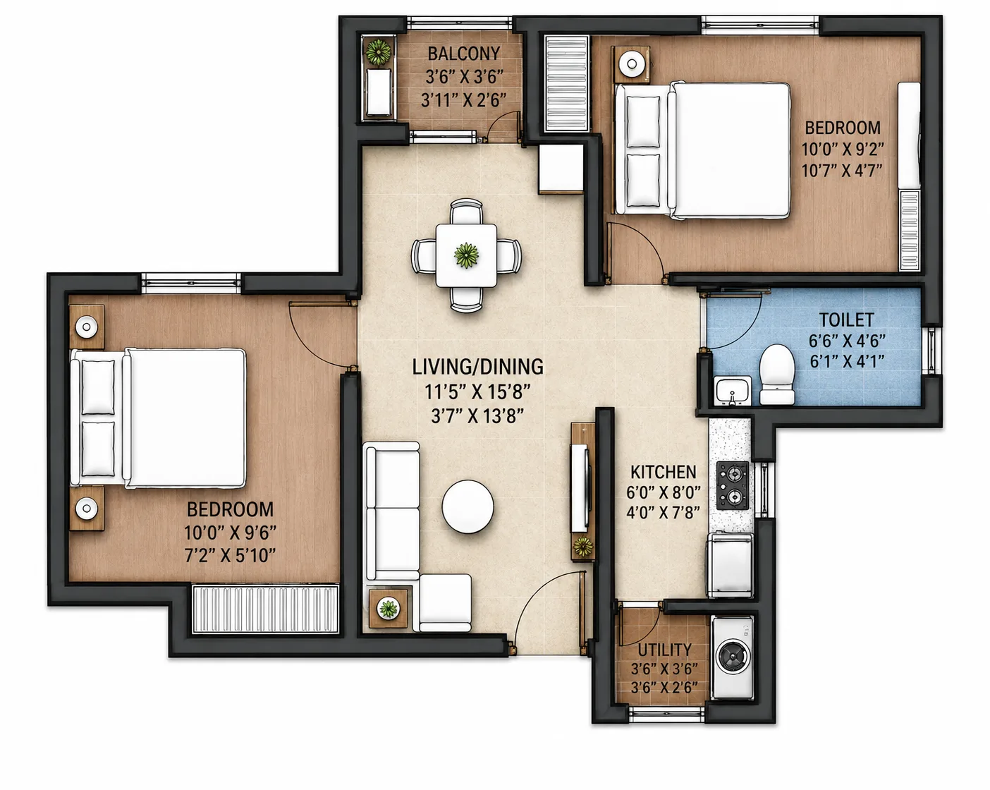 2 BHK+1T unit floor plan