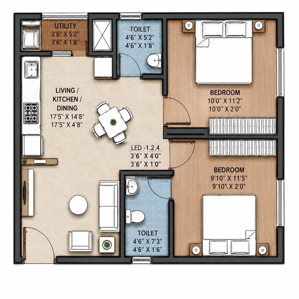 2 BHK+2T unit floor plan