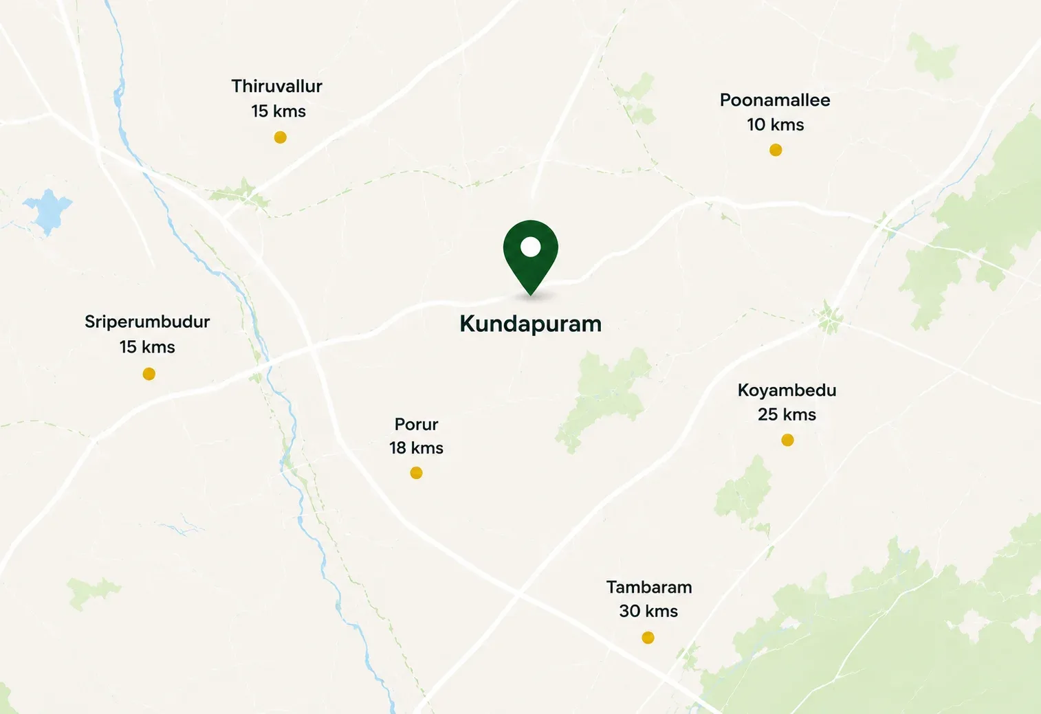 Map showing nearby vicinities around Kundapuram
